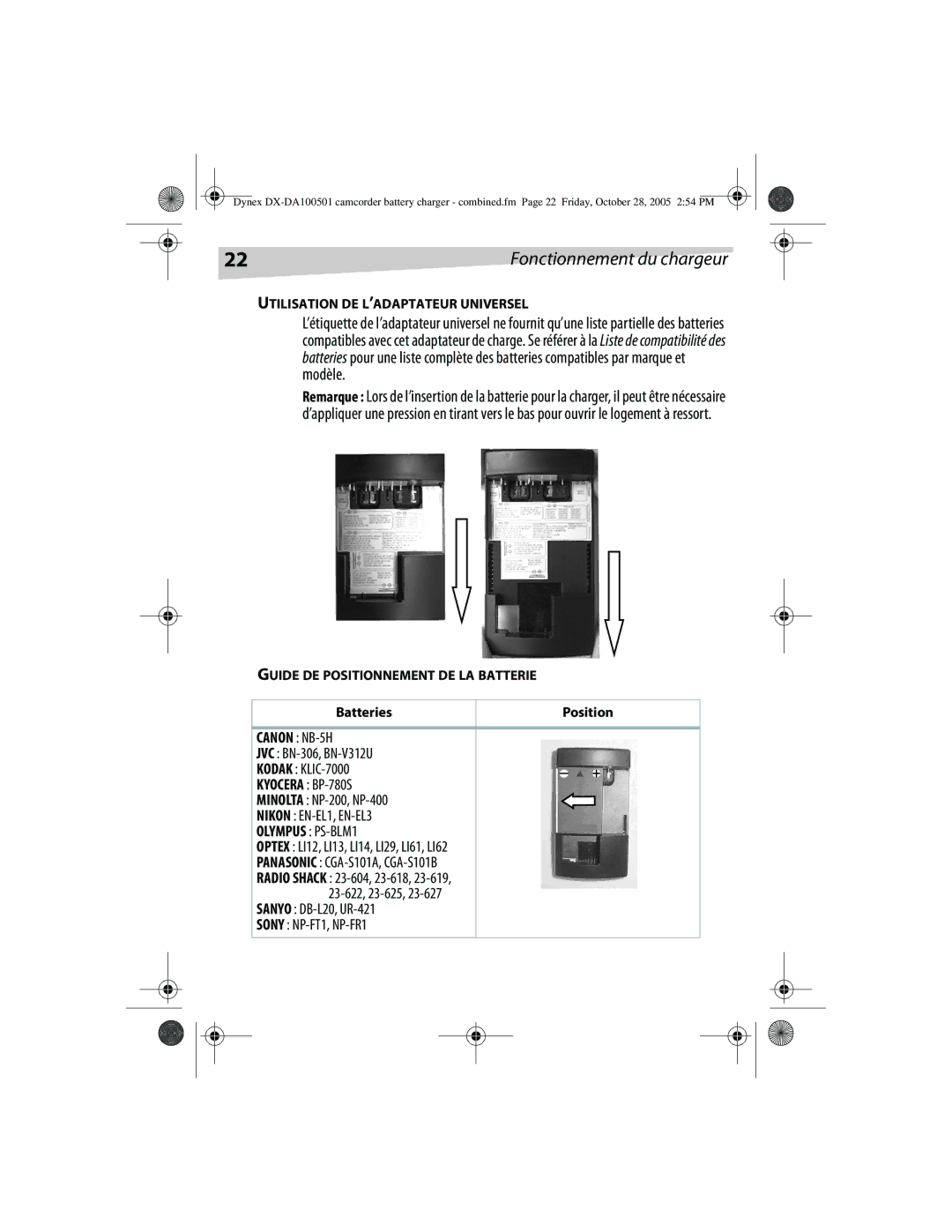 Dynex DX-DA100501, DX-DA100502 manual Utilisation DE L’ADAPTATEUR Universel, Guide DE Positionnement DE LA Batterie 