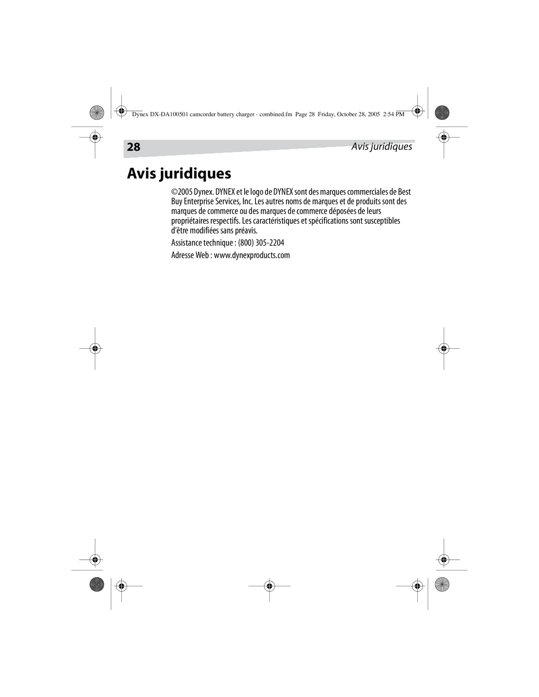 Dynex DX-DA100501, DX-DA100502 manual Avis juridiques, Assistance technique 800 