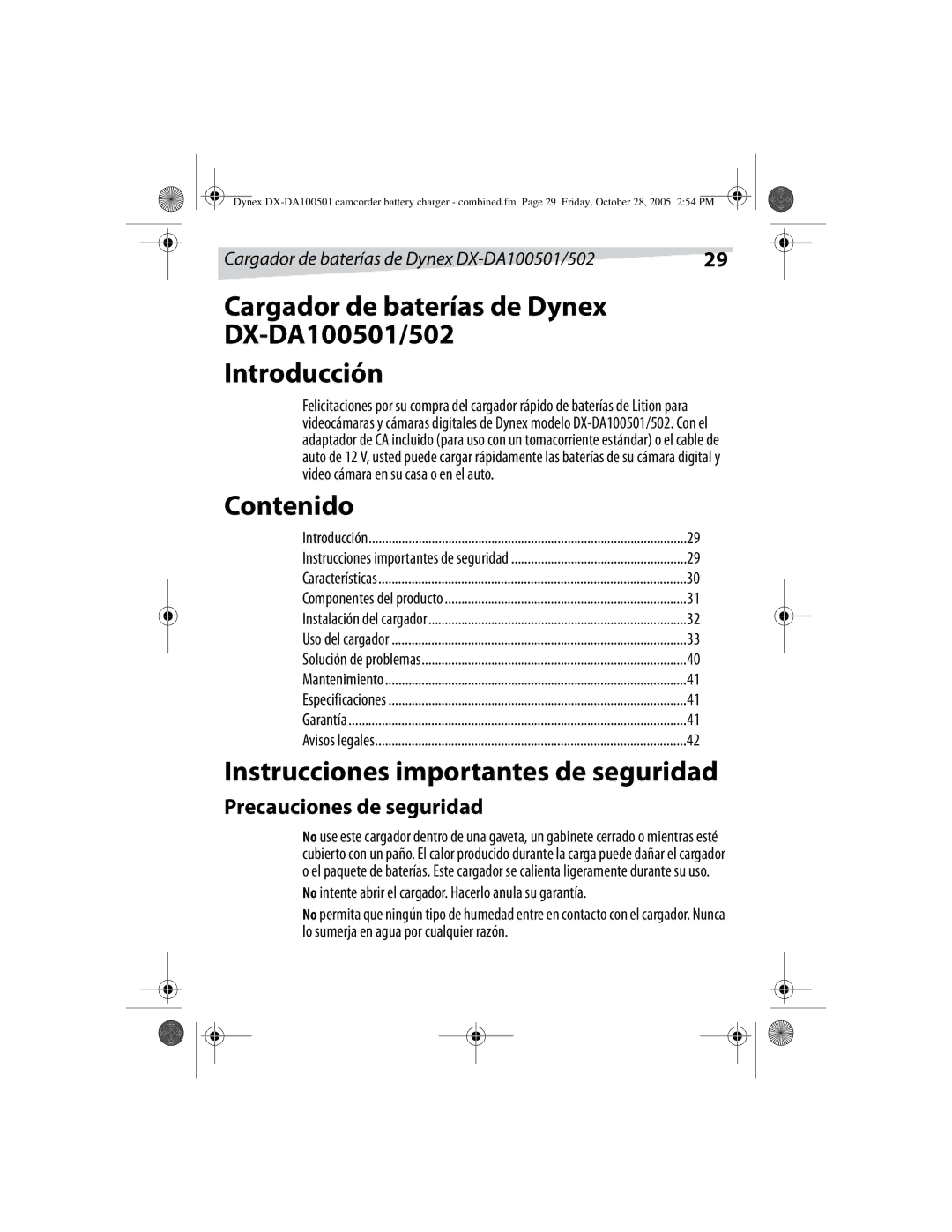 Dynex DX-DA100502 manual Cargador de baterías de Dynex DX-DA100501/502 Introducción, Contenido, Precauciones de seguridad 