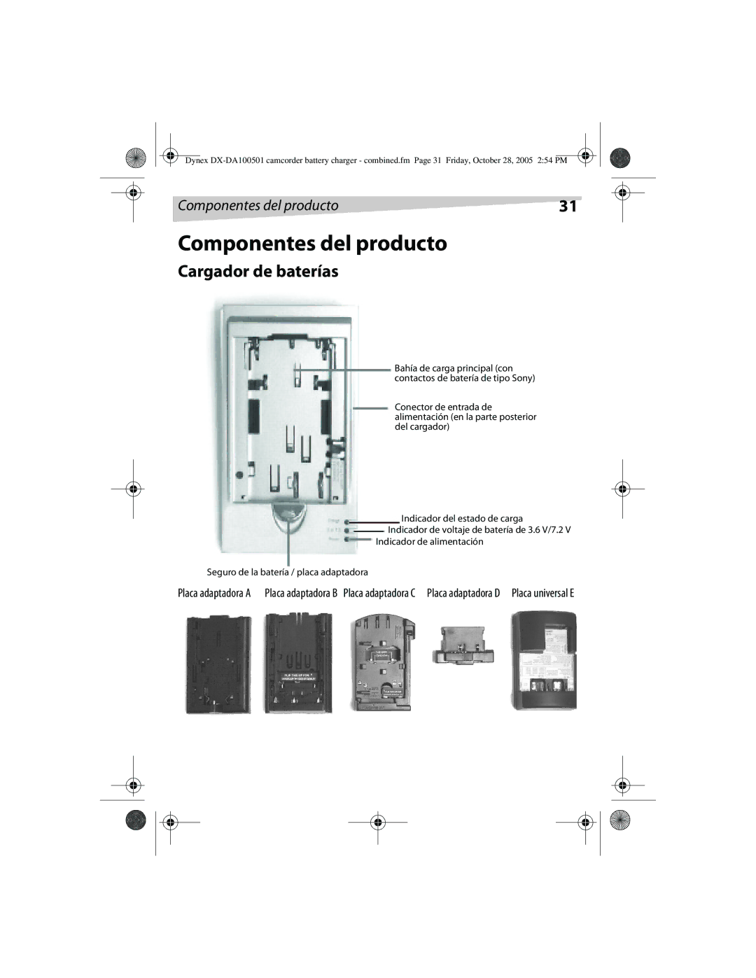 Dynex DX-DA100502, DX-DA100501 manual Componentes del producto, Cargador de baterías 