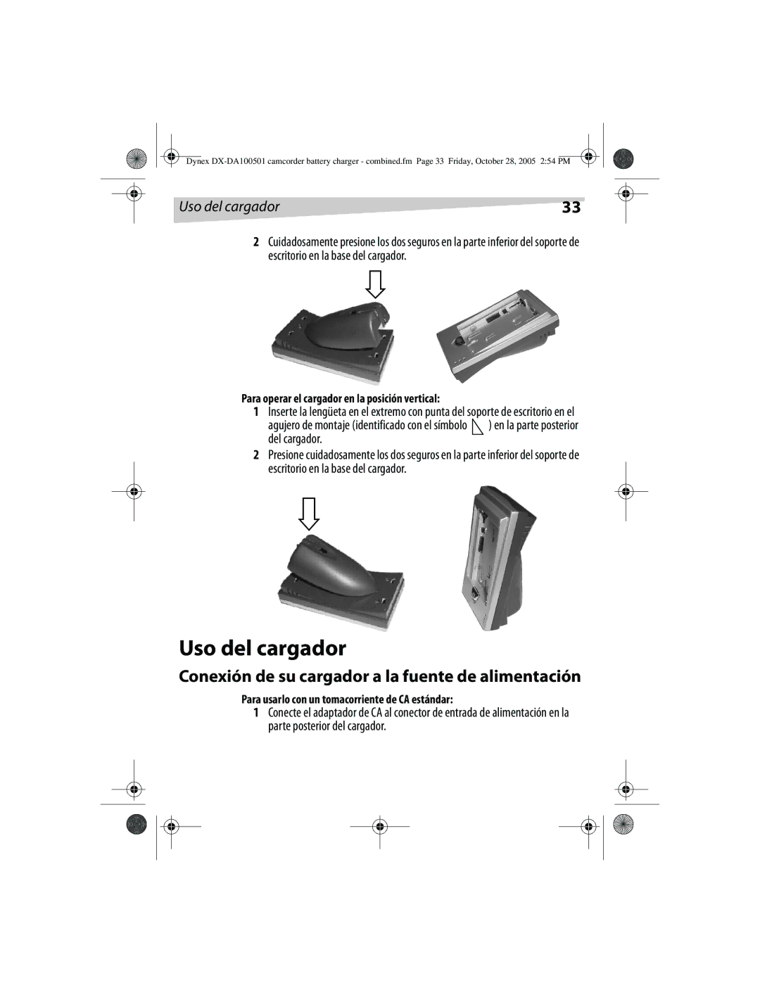 Dynex DX-DA100502, DX-DA100501 manual Uso del cargador, Conexión de su cargador a la fuente de alimentación, Del cargador 