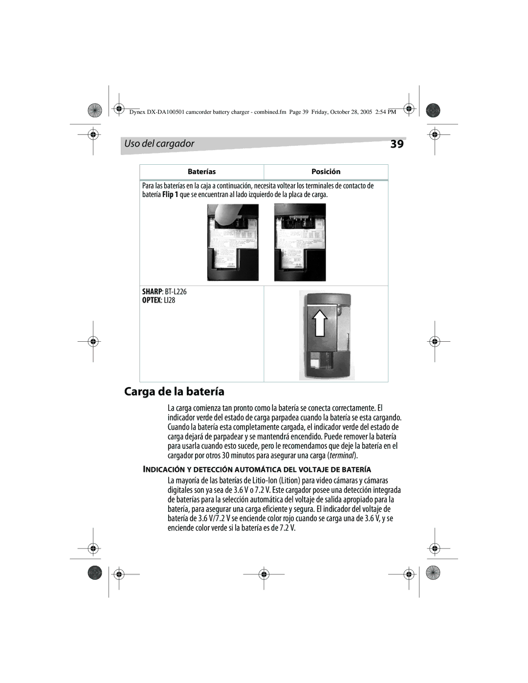 Dynex DX-DA100502, DX-DA100501 manual Carga de la batería, Indicación Y Detección Automática DEL Voltaje DE Batería 