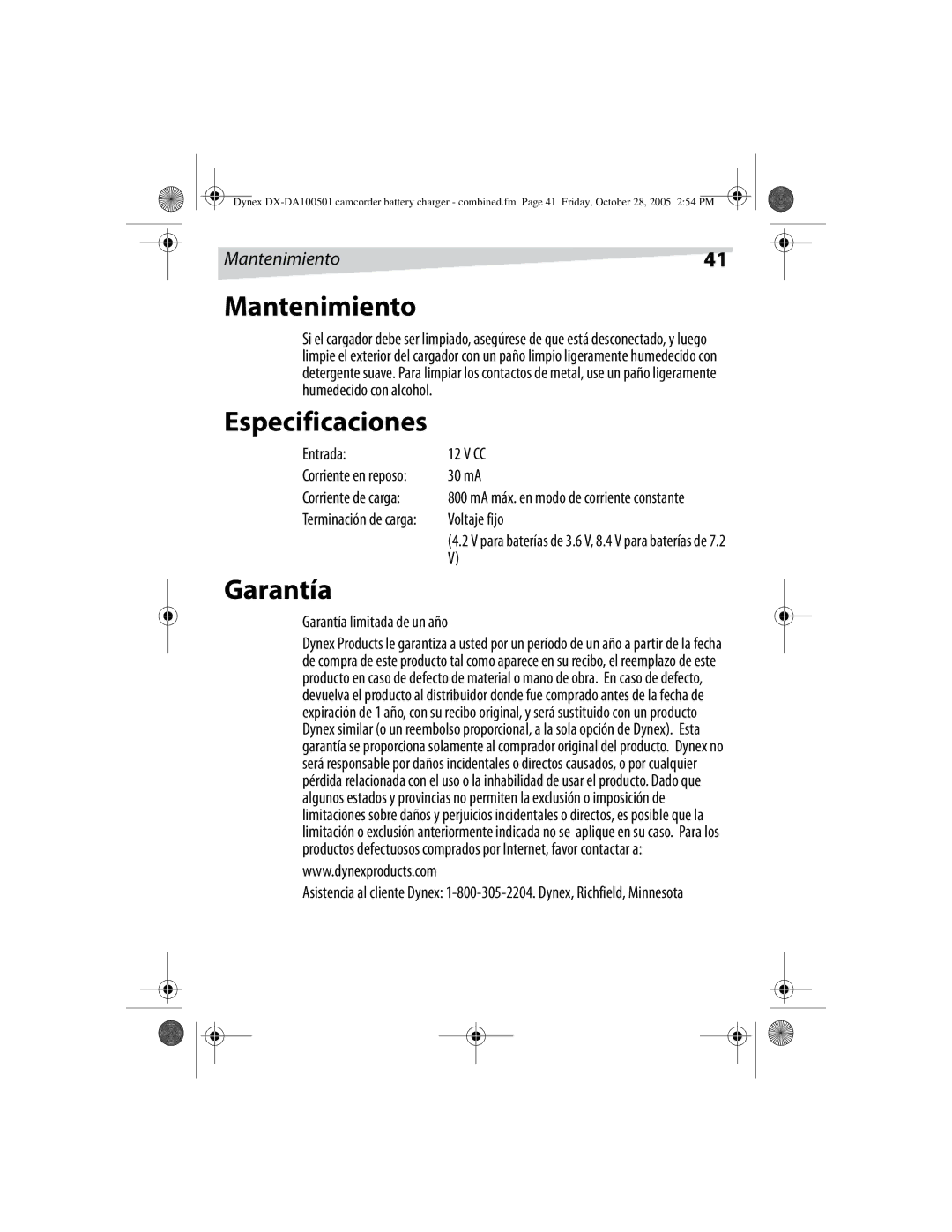 Dynex DX-DA100502, DX-DA100501 manual Mantenimiento, Especificaciones, Garantía 