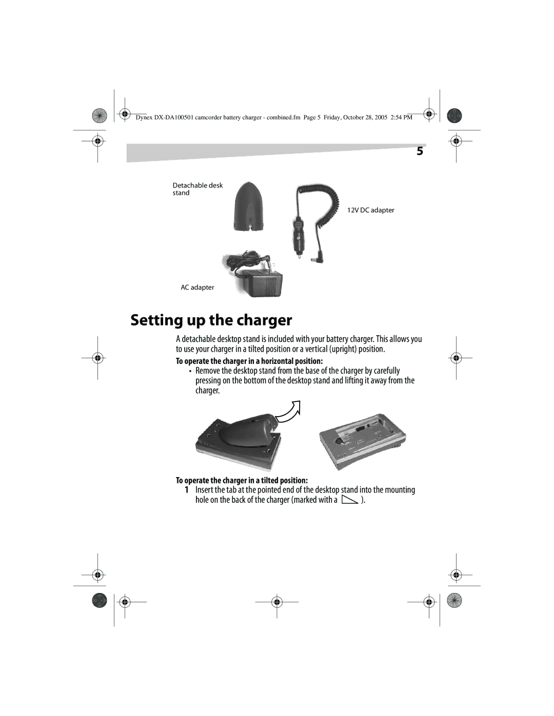 Dynex DX-DA100502, DX-DA100501 manual Setting up the charger, To operate the charger in a horizontal position 