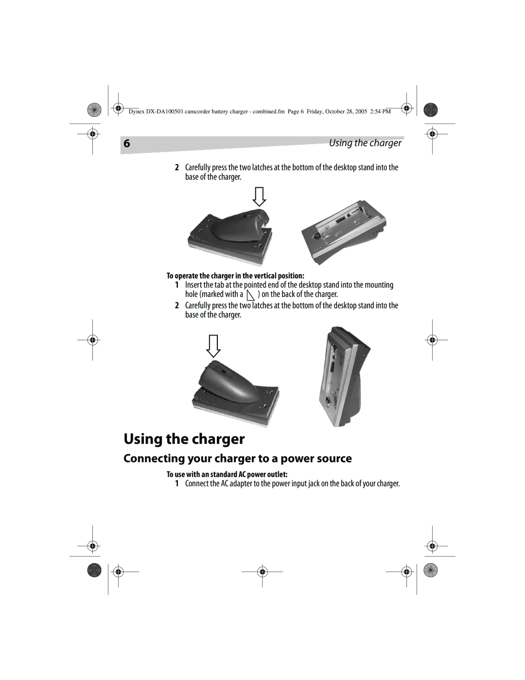 Dynex DX-DA100501 Using the charger, Connecting your charger to a power source, To use with an standard AC power outlet 