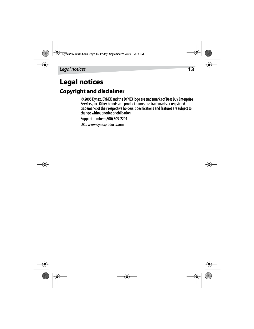 Dynex DX-E101 manual Legal notices, Copyright and disclaimer, Support number 800 