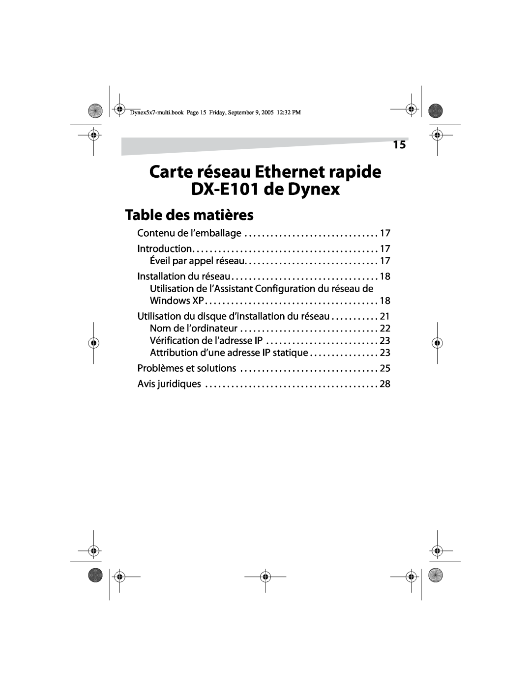 Dynex manual Carte réseau Ethernet rapide DX-E101 de Dynex, Table des matières, Contenu de l’emballage 