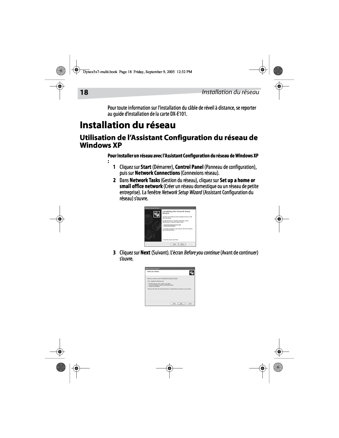 Dynex DX-E101 manual Installation du réseau, Utilisation de l’Assistant Configuration du réseau de Windows XP 