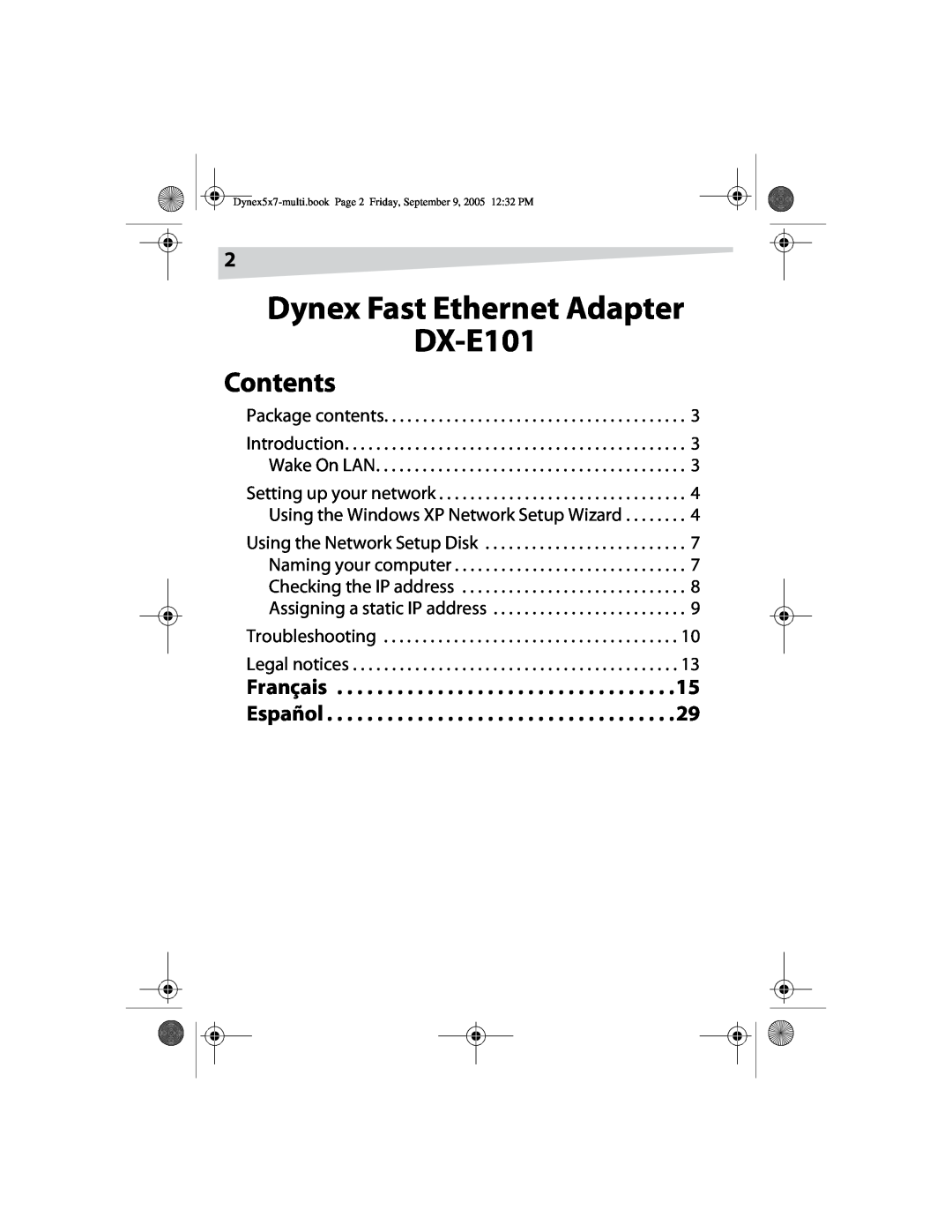 Dynex manual Dynex Fast Ethernet Adapter DX-E101, Contents, Package contents, Troubleshooting Legal notices 