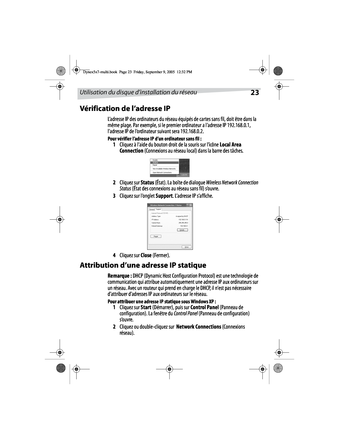 Dynex DX-E101 manual Vérification de l’adresse IP, Attribution d’une adresse IP statique, Cliquez sur Close Fermer 