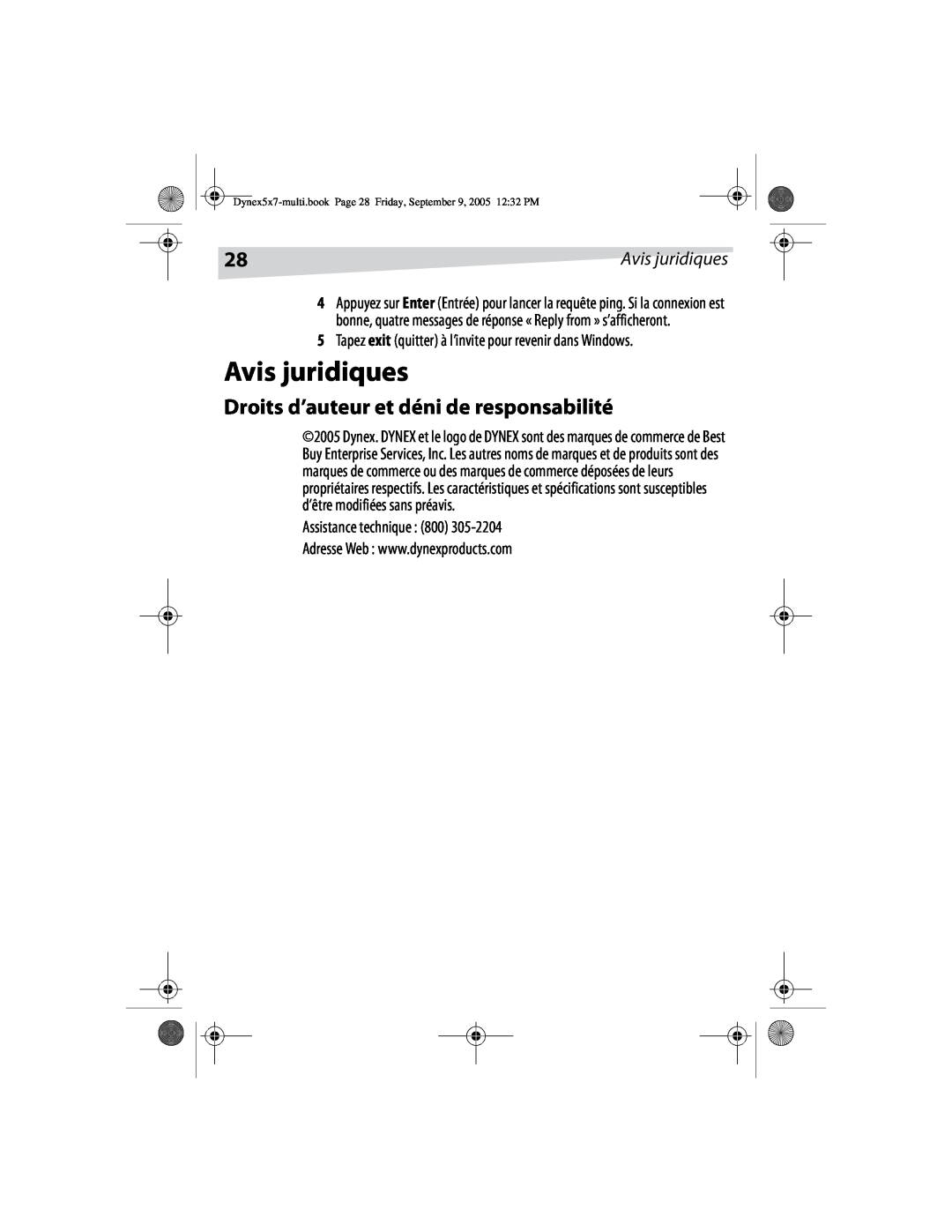 Dynex DX-E101 manual Avis juridiques, Droits d’auteur et déni de responsabilité, Assistance technique 800 