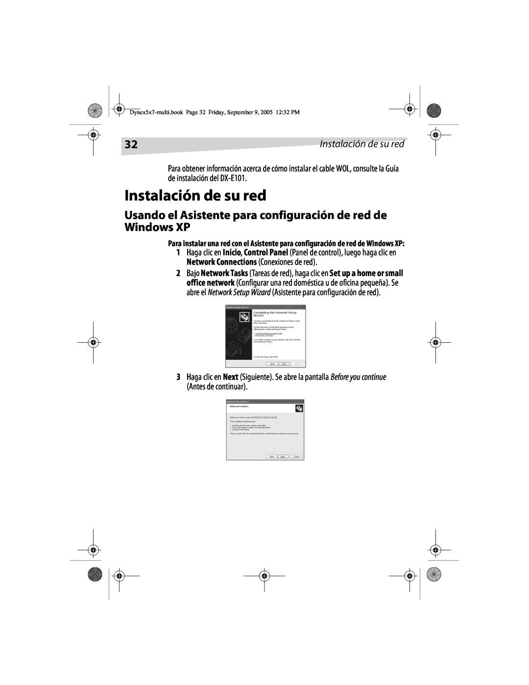 Dynex DX-E101 manual Instalación de su red, Usando el Asistente para configuración de red de Windows XP 