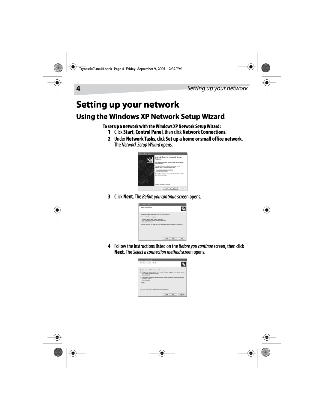 Dynex DX-E101 manual Setting up your network, Using the Windows XP Network Setup Wizard 