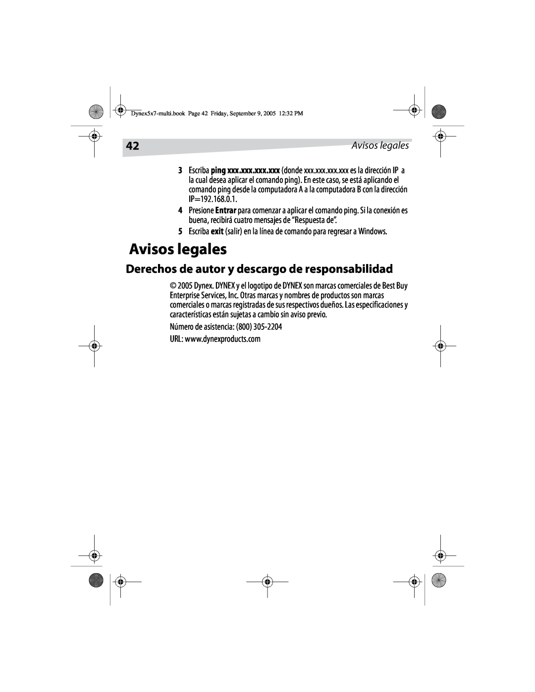 Dynex DX-E101 manual Avisos legales, Derechos de autor y descargo de responsabilidad, Número de asistencia 800 