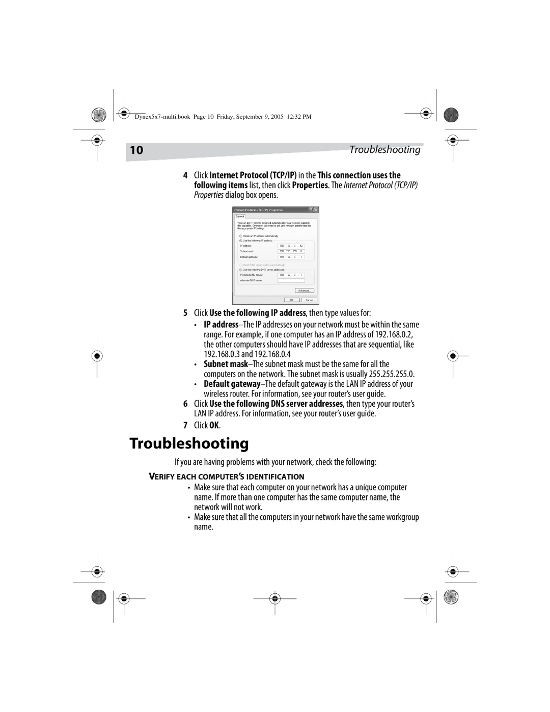 Dynex DX-E101 manual Troubleshooting, Click Use the following IP address, then type values for 