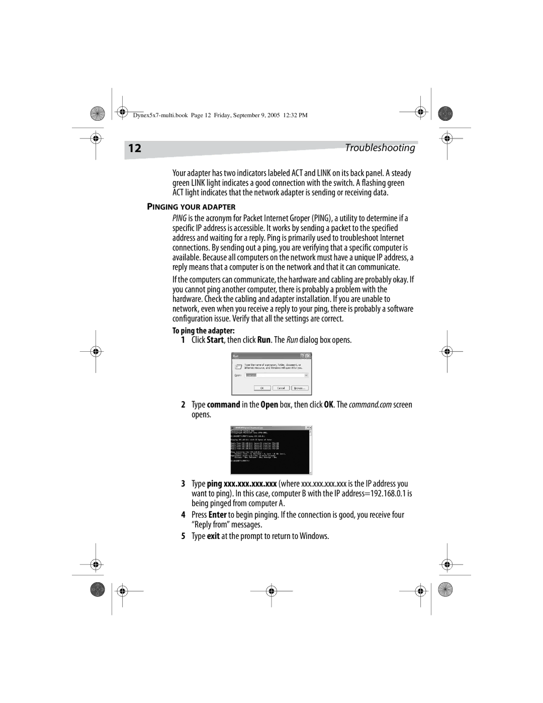 Dynex DX-E101 manual Click Start, then click Run. The Run dialog box opens, To ping the adapter, Pinging Your Adapter 