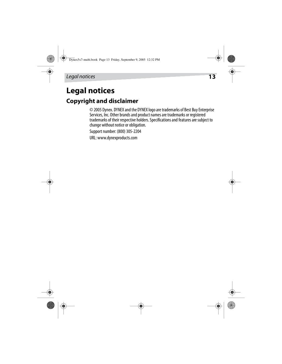 Dynex DX-E101 manual Legal notices, Copyright and disclaimer, Support number 800 