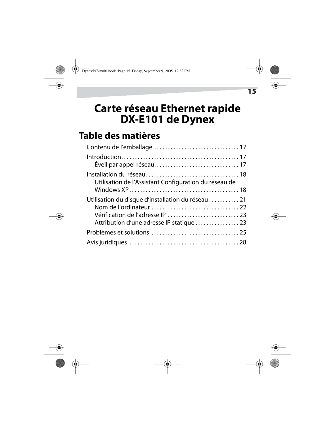 Dynex manual Carte réseau Ethernet rapide DX-E101 de Dynex, Table des matières 