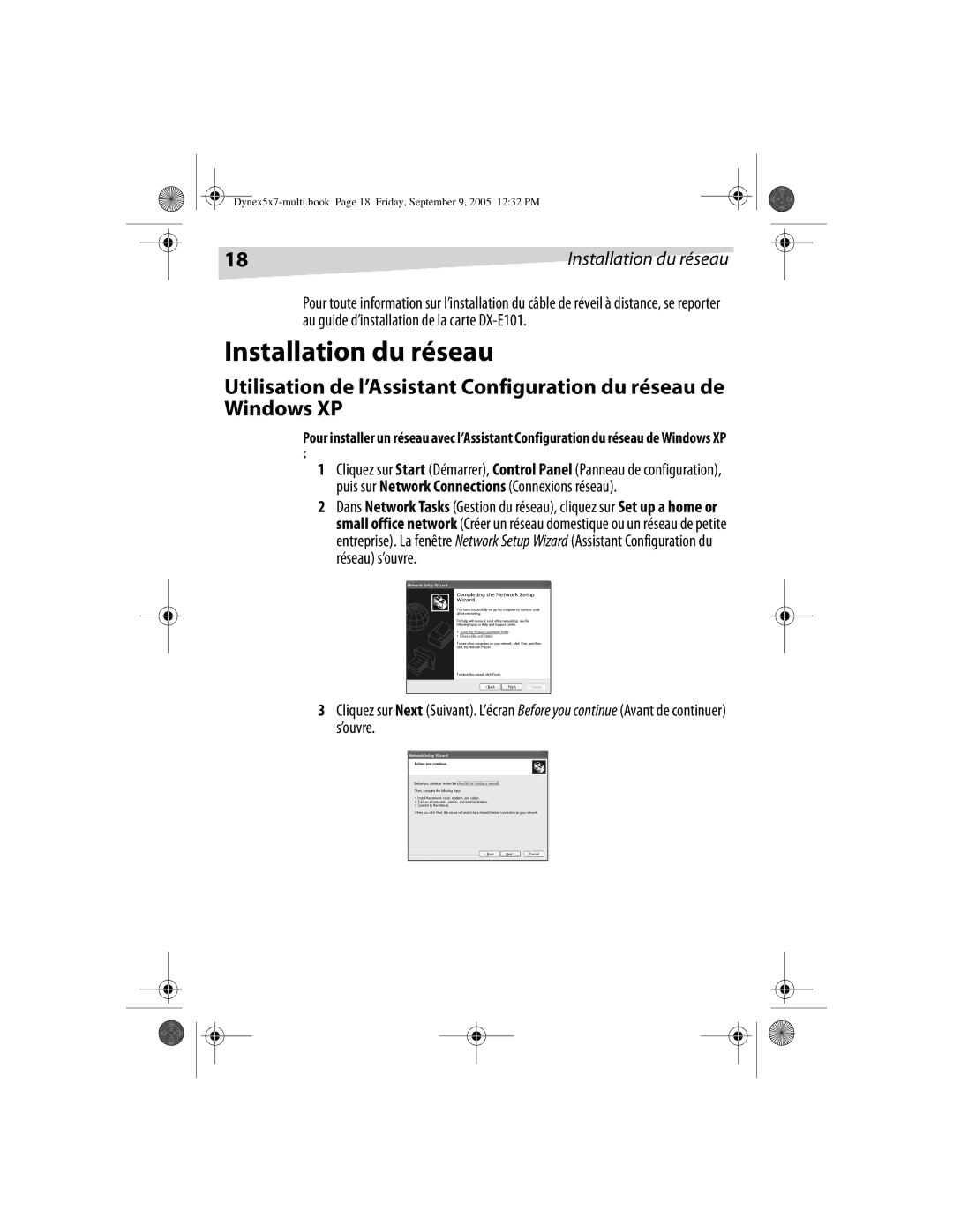 Dynex DX-E101 manual Installation du réseau 