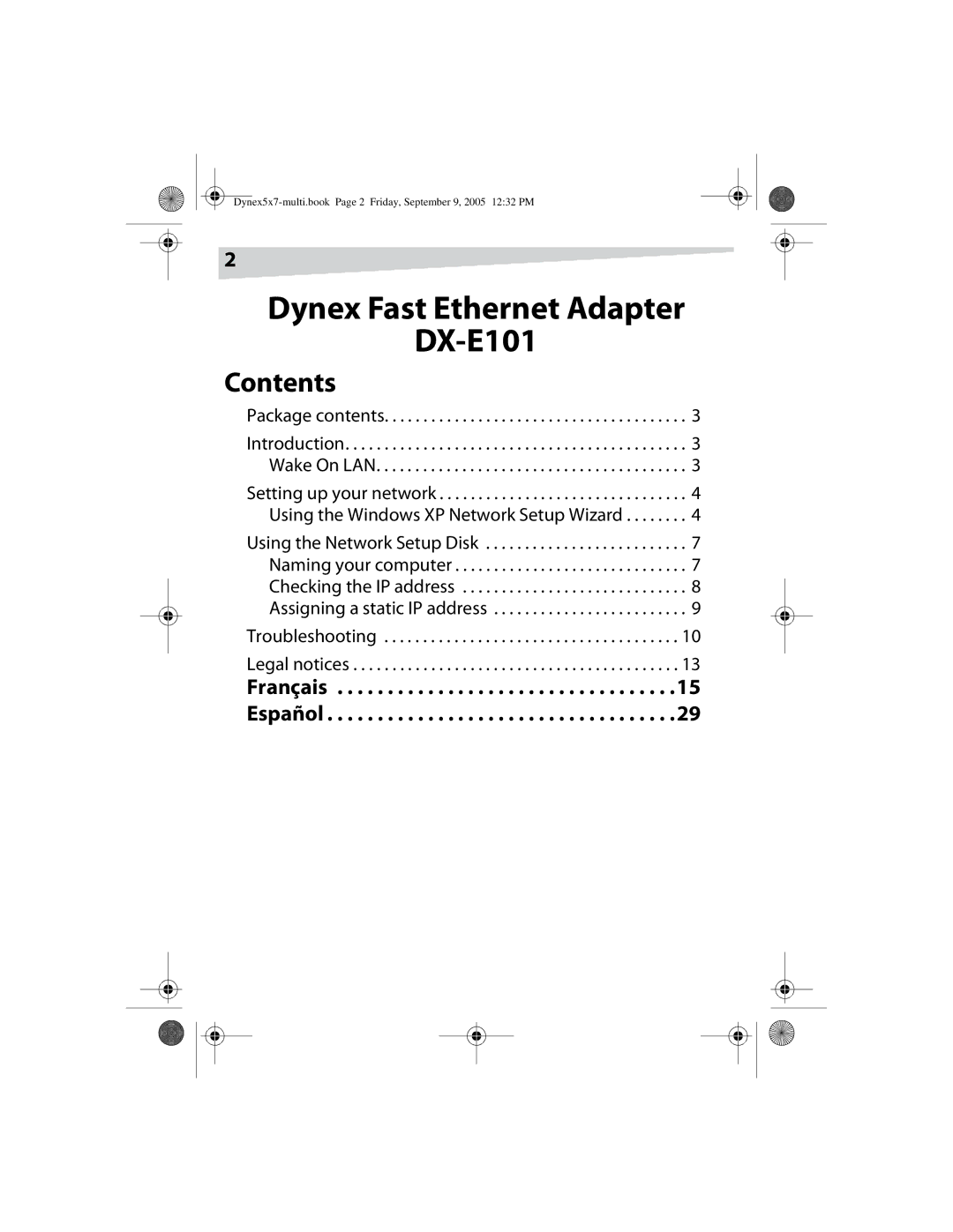 Dynex manual Dynex Fast Ethernet Adapter DX-E101, Contents 