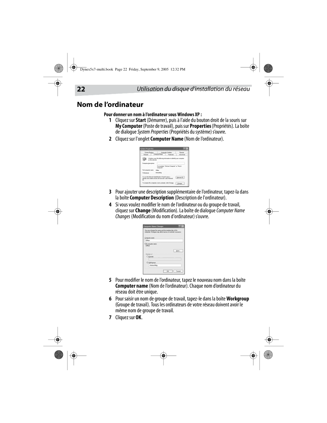 Dynex DX-E101 manual Cliquez sur longlet Computer Name Nom de l’ordinateur, Cliquez sur OK 