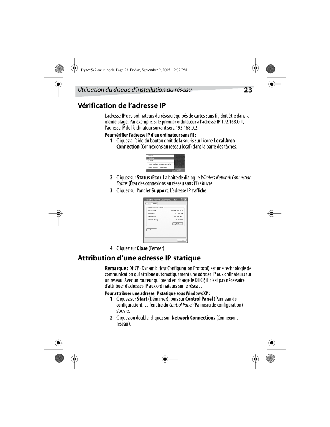 Dynex DX-E101 manual Vérification de l’adresse IP, Attribution d’une adresse IP statique 