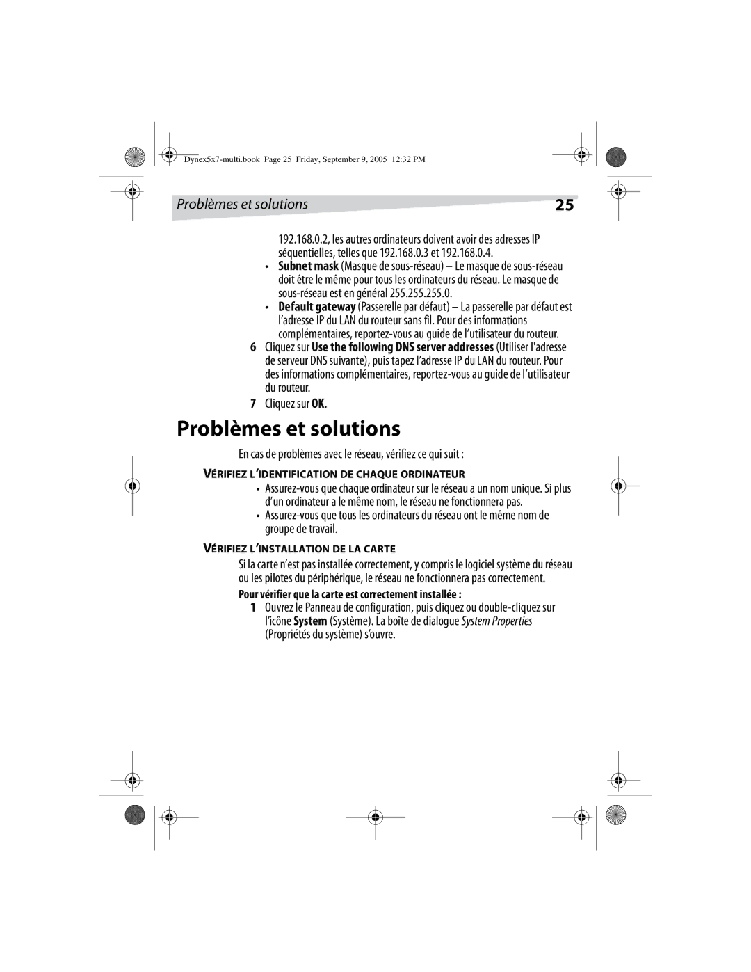 Dynex DX-E101 manual Problèmes et solutions, En cas de problèmes avec le réseau, vérifiez ce qui suit 