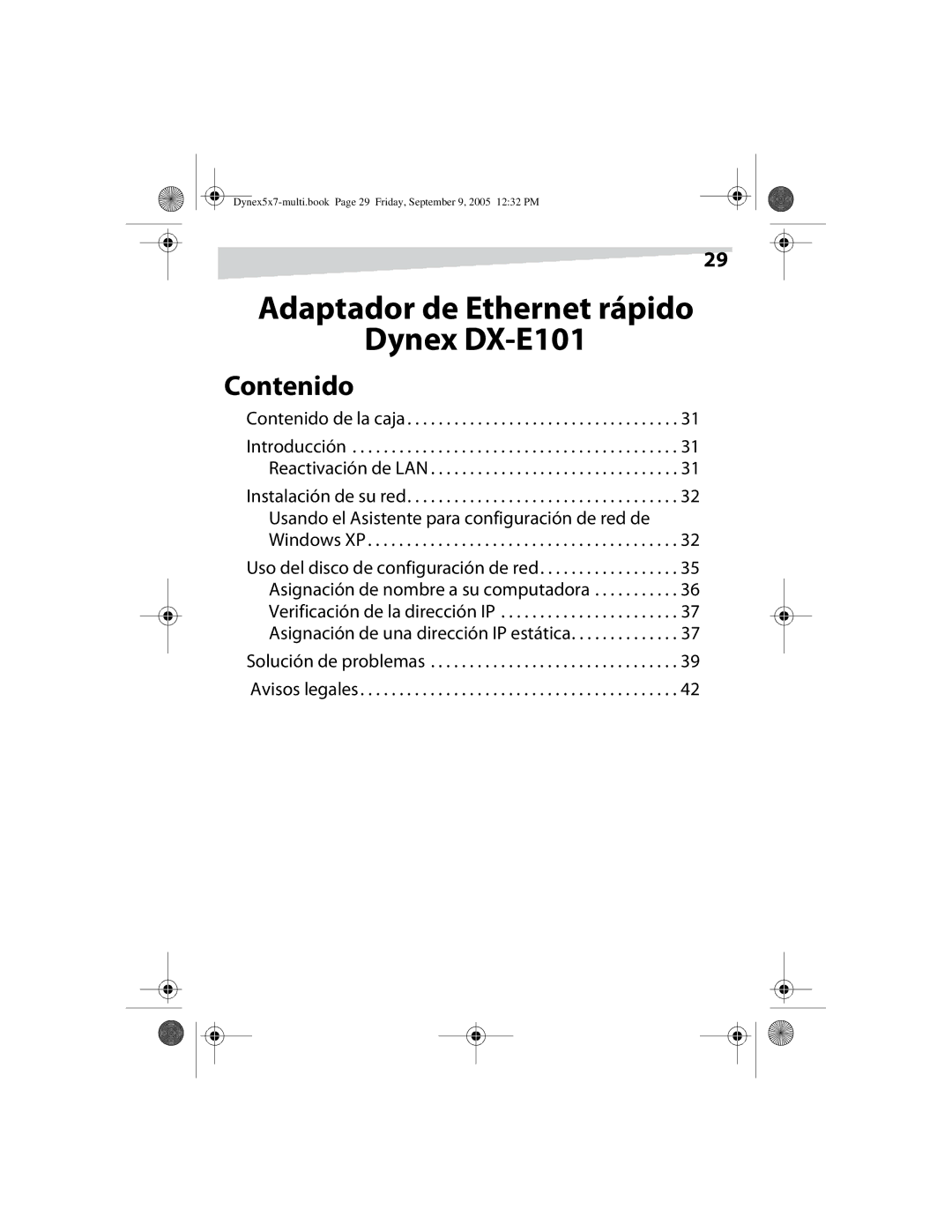 Dynex manual Adaptador de Ethernet rápido Dynex DX-E101, Contenido 