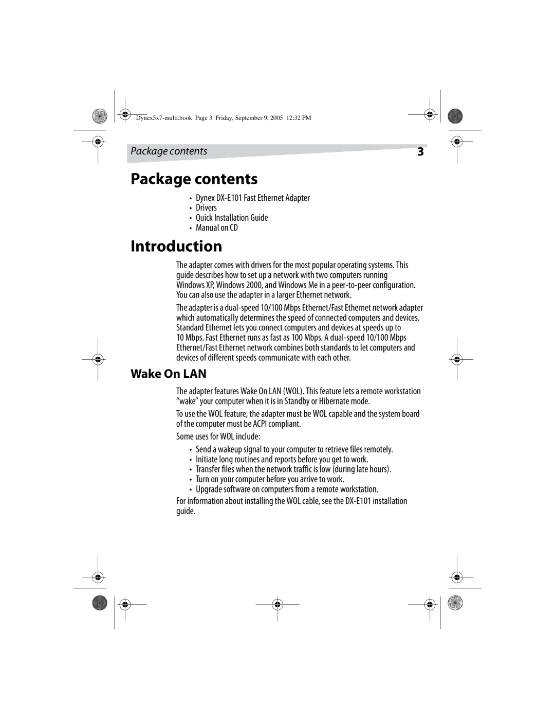 Dynex DX-E101 manual Package contents, Introduction, Wake On LAN 