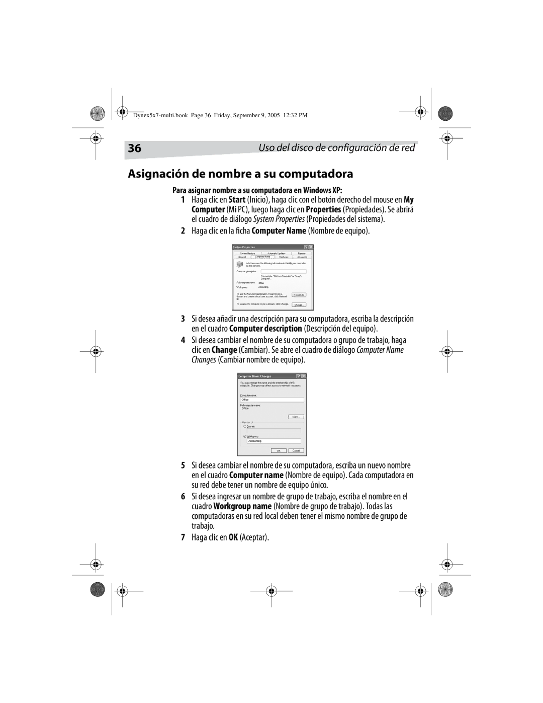 Dynex DX-E101 manual Asignación de nombre a su computadora, Haga clic en la ficha Computer Name Nombre de equipo 