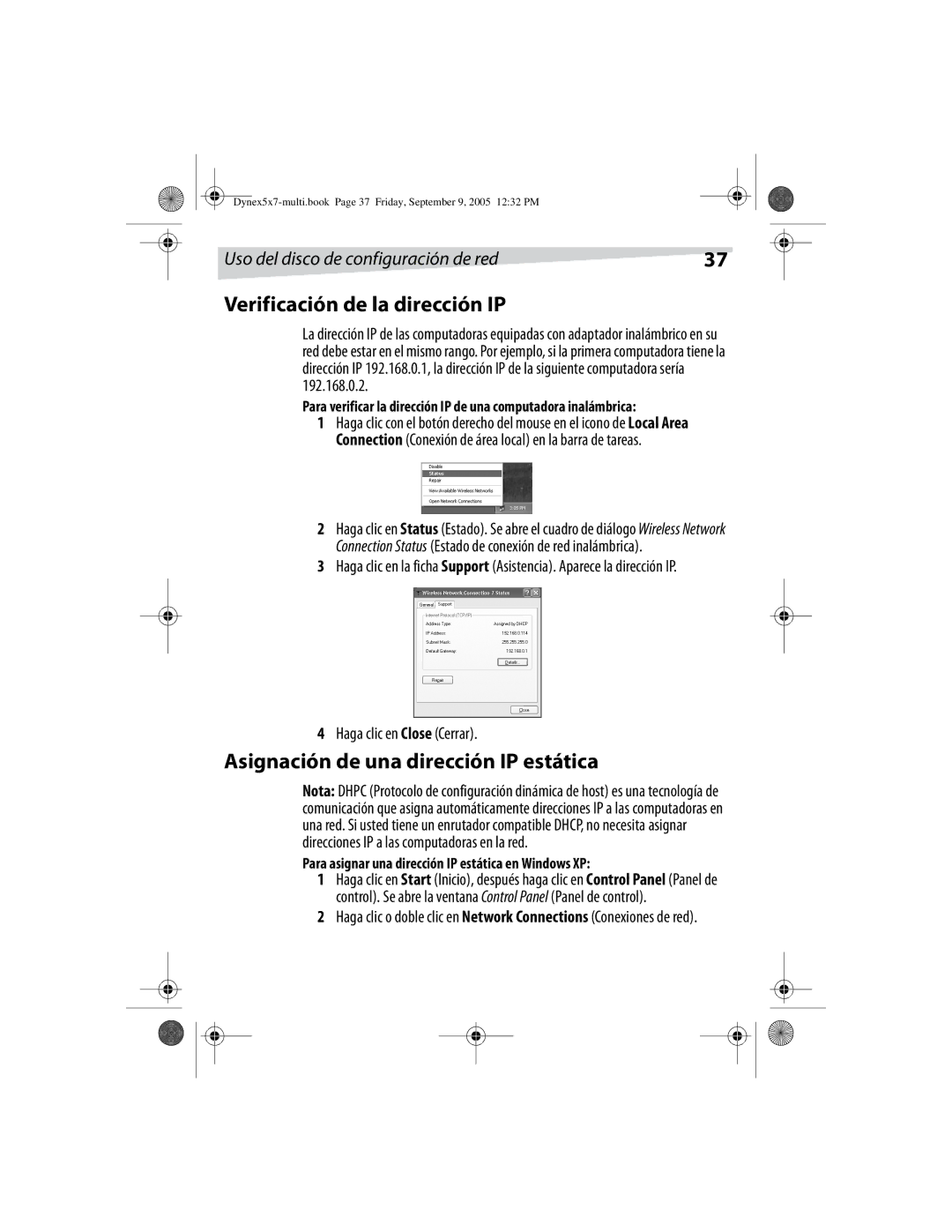 Dynex DX-E101 manual Verificación de la dirección IP, Asignación de una dirección IP estática, Haga clic en Close Cerrar 