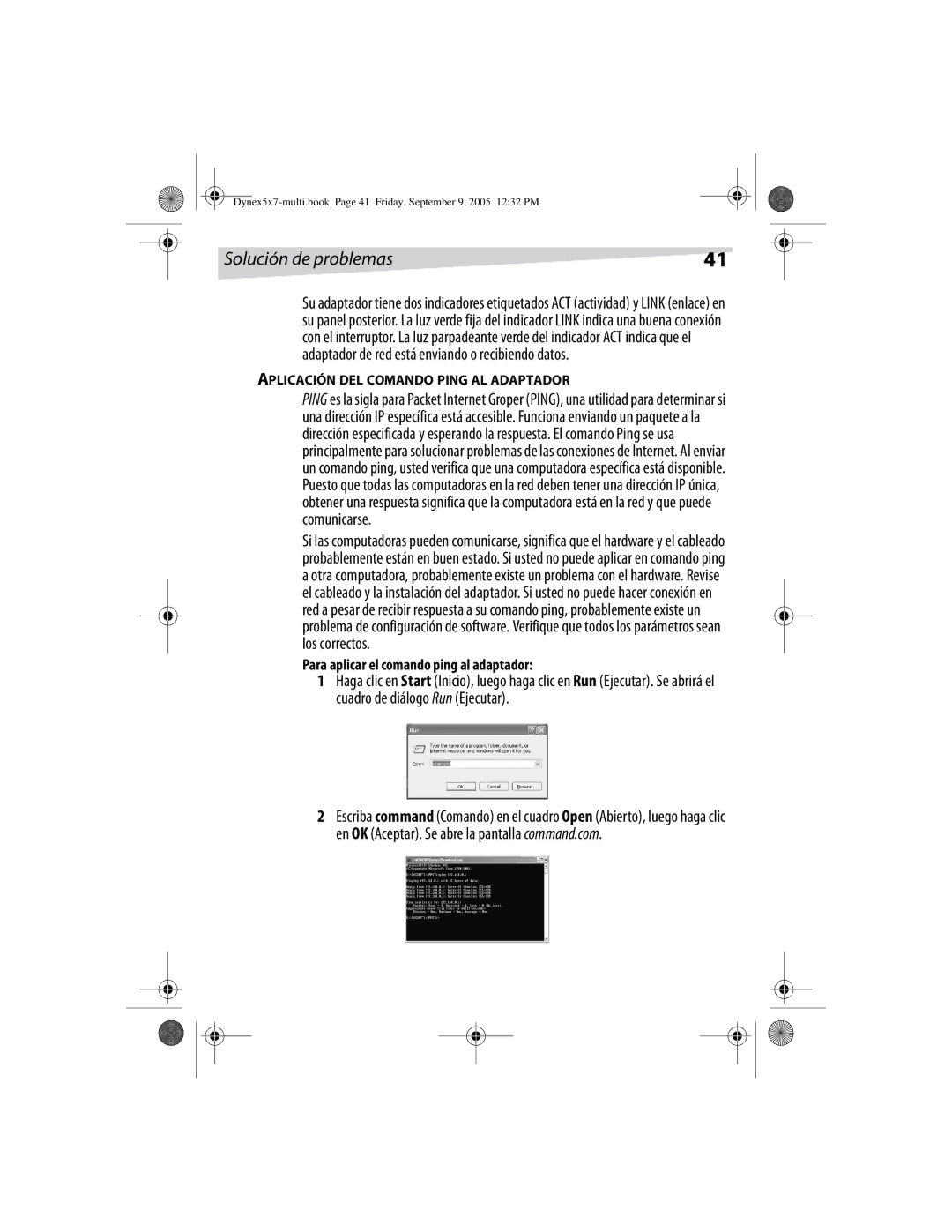 Dynex DX-E101 manual Para aplicar el comando ping al adaptador, Aplicación DEL Comando Ping AL Adaptador 