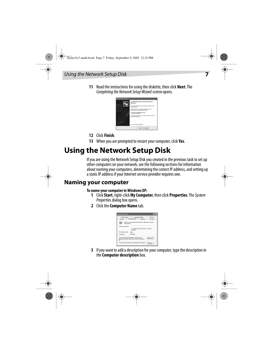 Dynex DX-E101 manual Using the Network Setup Disk, Naming your computer, Click the Computer Name tab 