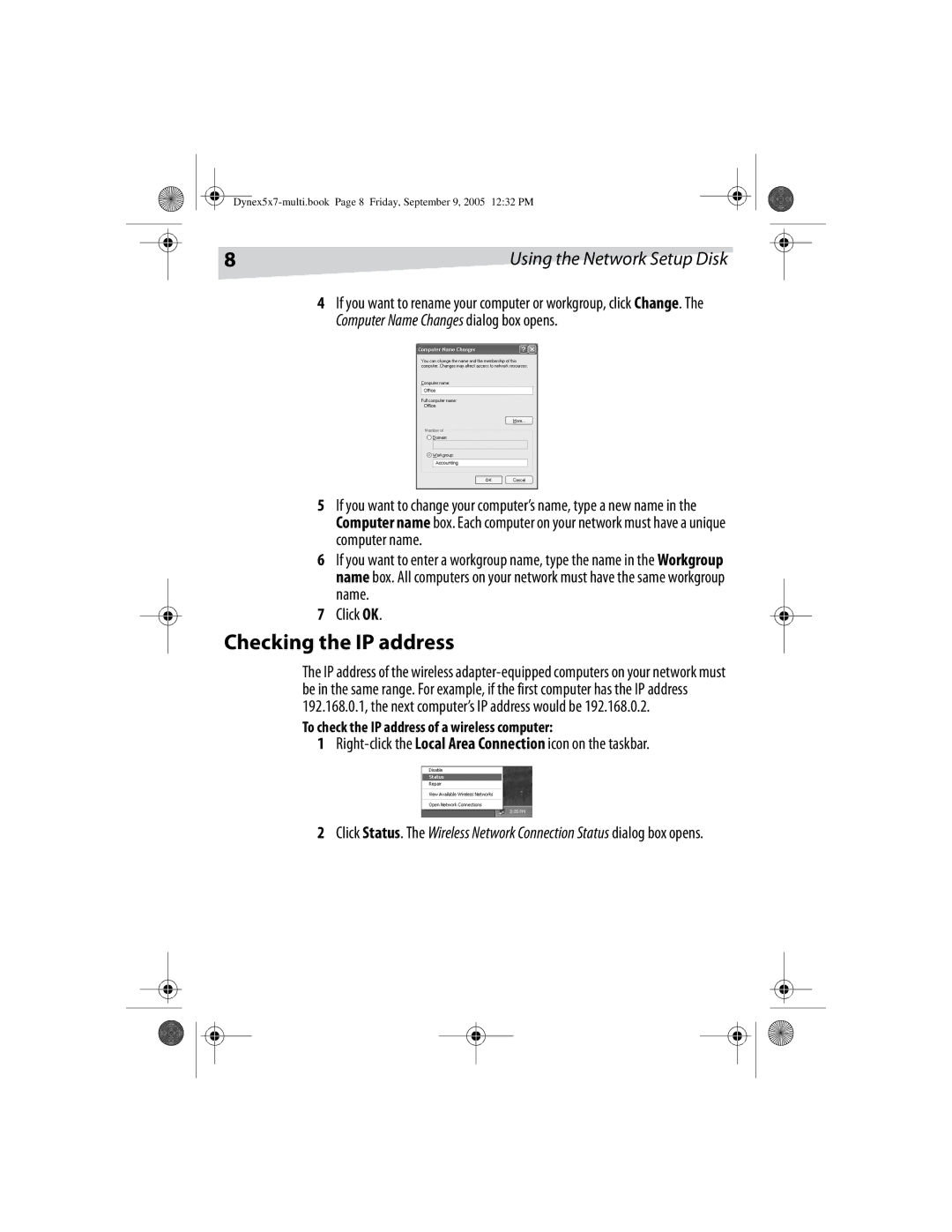 Dynex DX-E101 manual Checking the IP address, Click OK, Right-click the Local Area Connection icon on the taskbar 