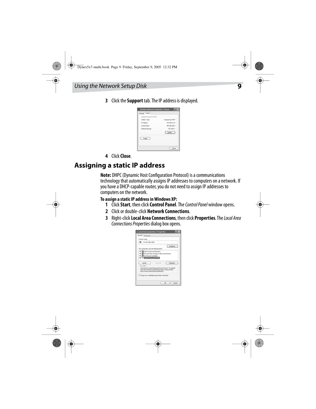 Dynex DX-E101 manual Assigning a static IP address, Click or double-click Network Connections 