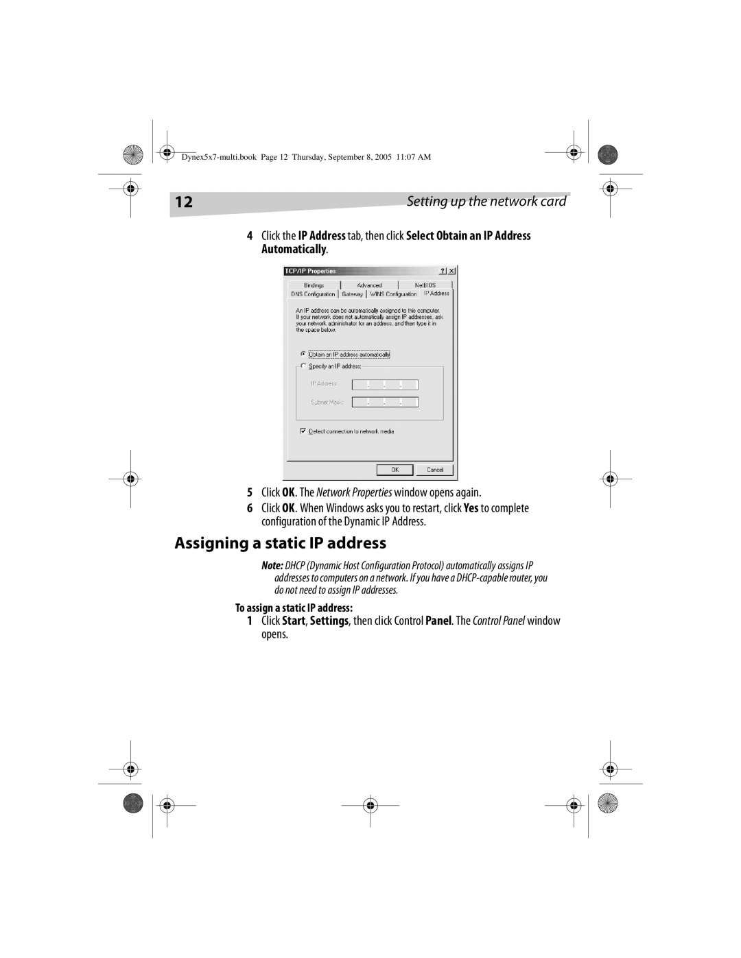Dynex DX-E201 manual Assigning a static IP address, Setting up the network card 