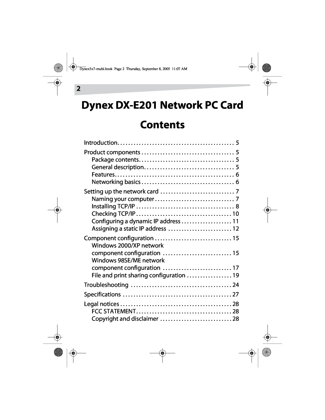 Dynex manual Dynex DX-E201 Network PC Card Contents, Introduction, Troubleshooting Specifications 