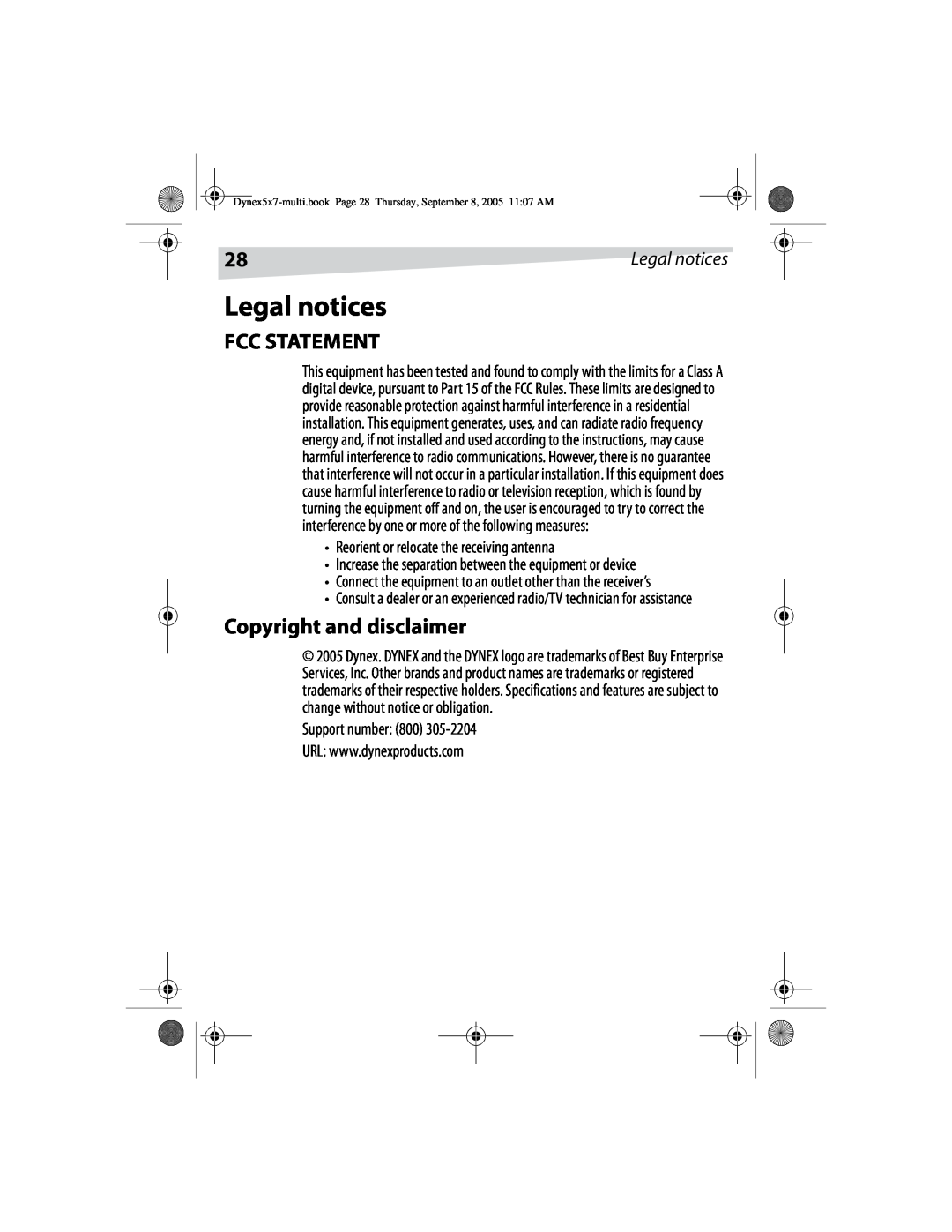 Dynex DX-E201 manual Legal notices, Fcc Statement, Copyright and disclaimer, Reorient or relocate the receiving antenna 