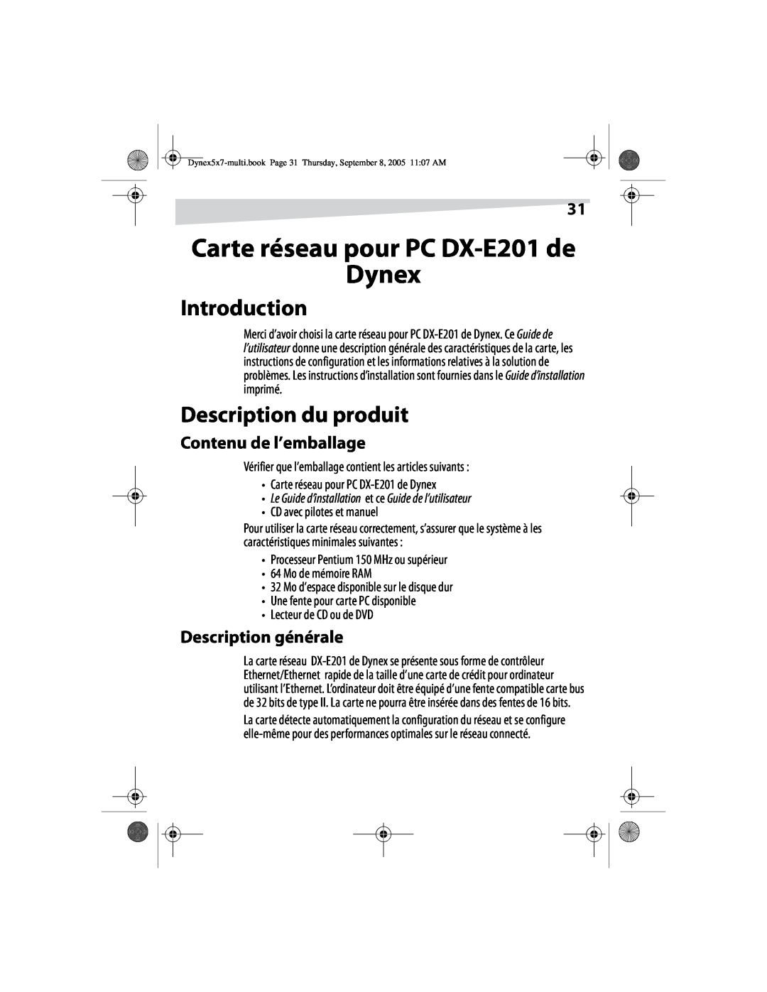 Dynex manual Carte réseau pour PC DX-E201 de Dynex, Description du produit, Contenu de l’emballage, Description générale 