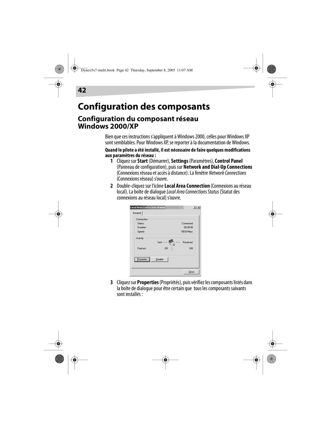 Dynex DX-E201 manual Configuration des composants, Configuration du composant réseau Windows 2000/XP 