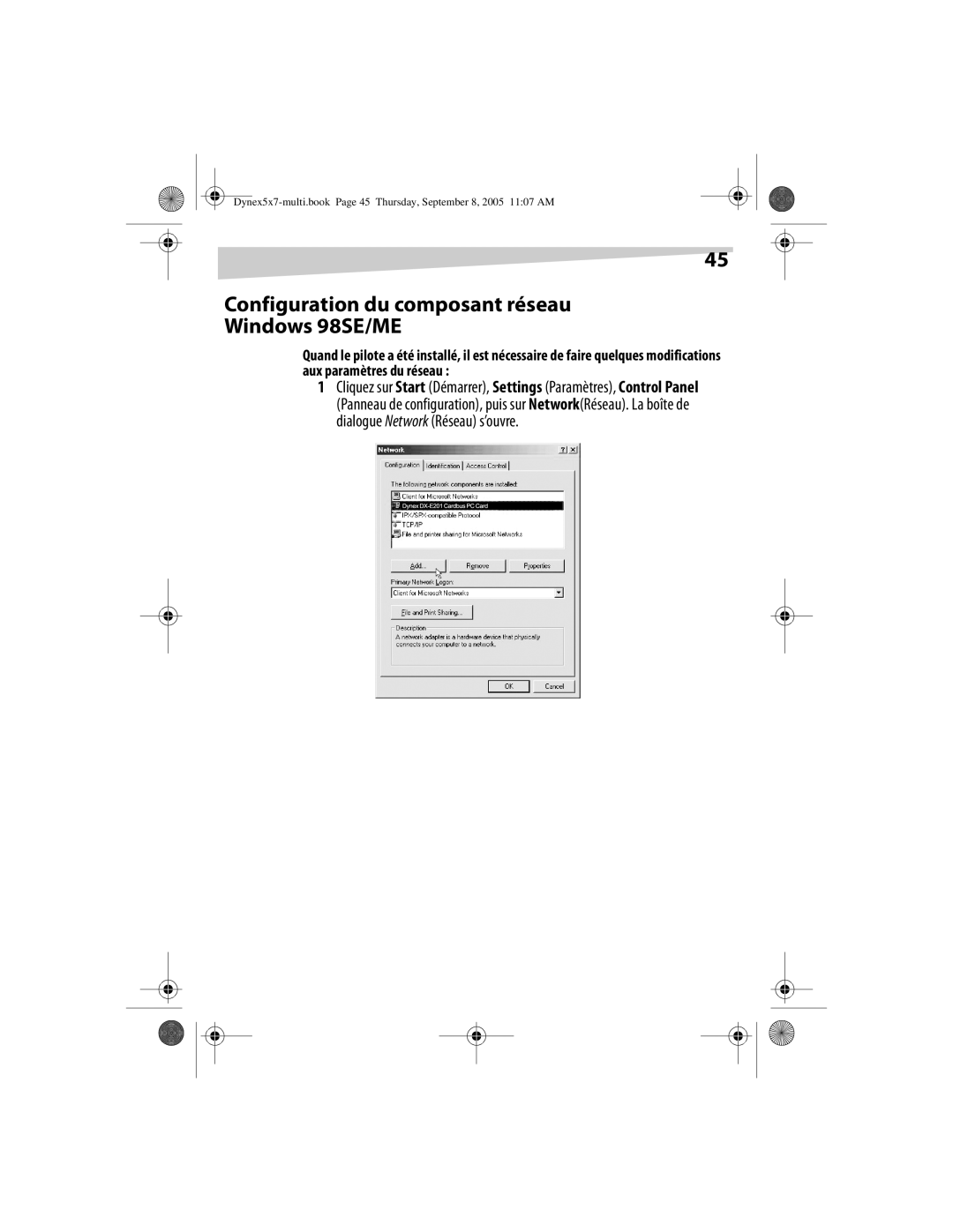 Dynex DX-E201 manual Configuration du composant réseau Windows 98SE/ME 