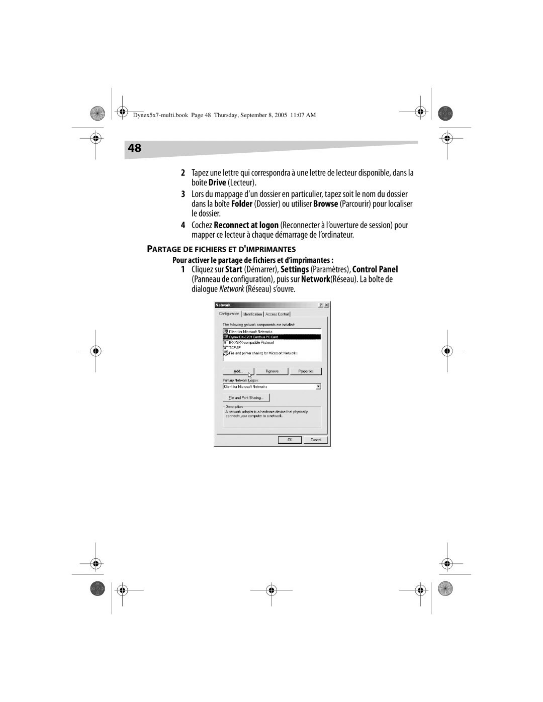 Dynex DX-E201 manual Pour activer le partage de fichiers et d’imprimantes, Partage De Fichiers Et Dimprimantes 