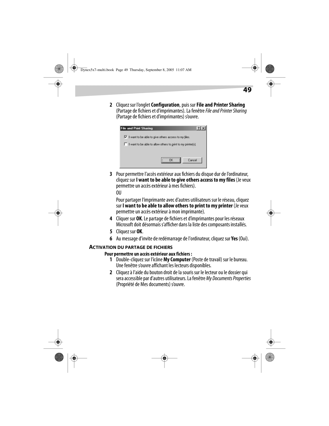 Dynex DX-E201 manual Cliquez sur OK, Pour permettre un accès extérieur aux fichiers, Activation Du Partage De Fichiers 
