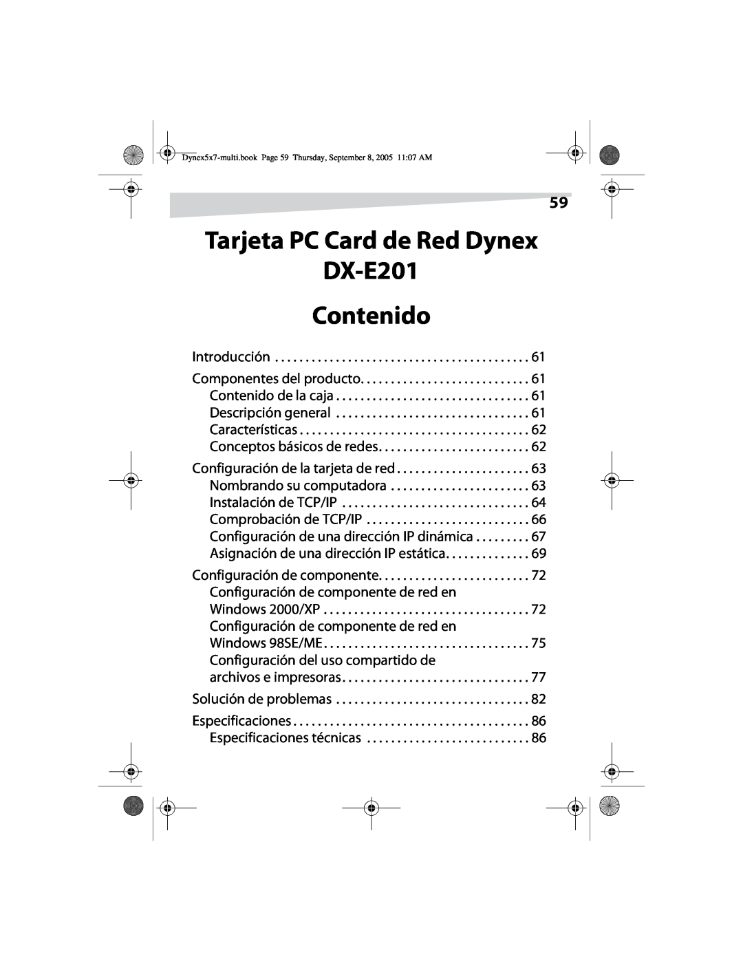 Dynex manual Tarjeta PC Card de Red Dynex DX-E201 Contenido, Introducción, archivos e impresoras Solución de problemas 