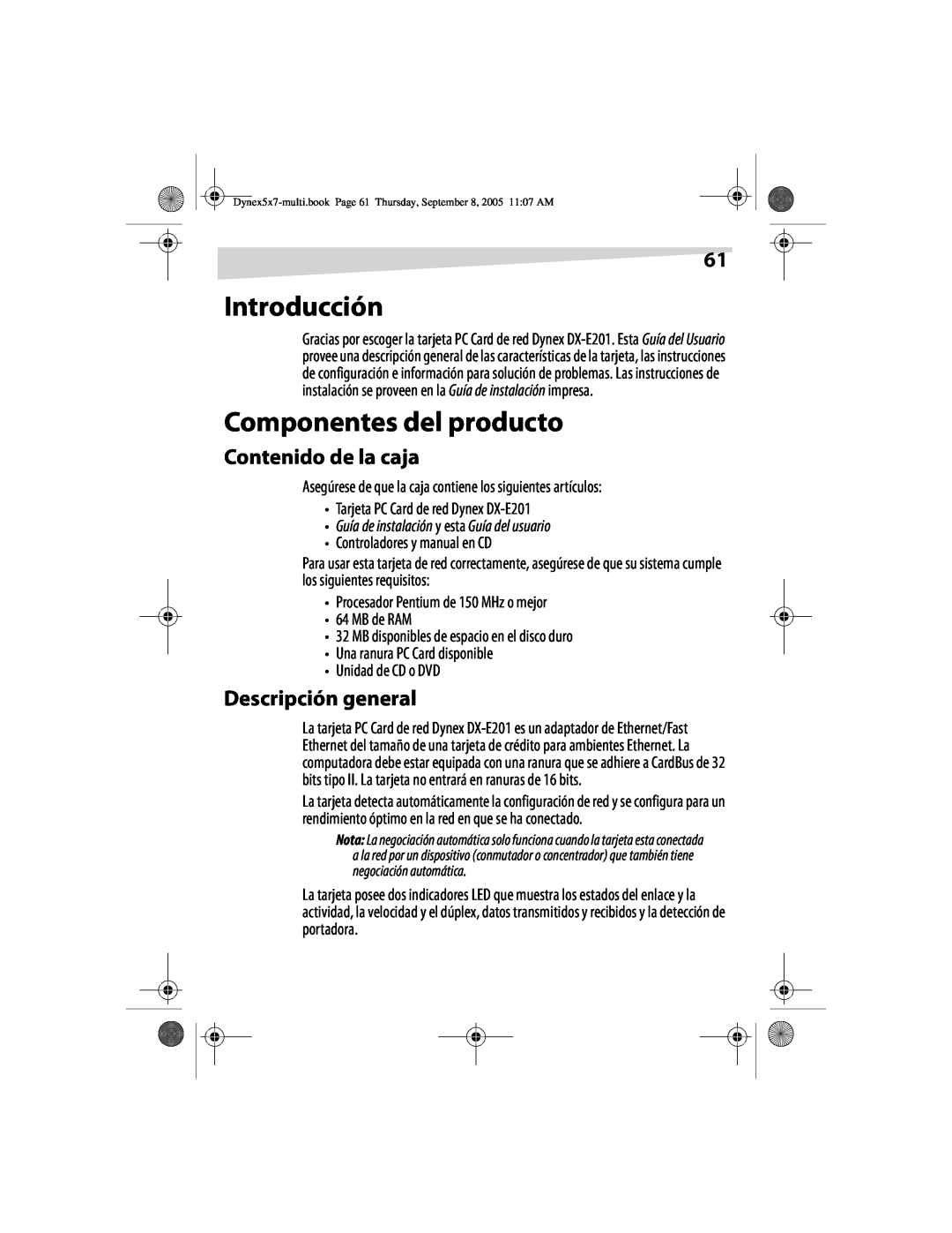 Dynex DX-E201 manual Introducción, Componentes del producto, Contenido de la caja, Descripción general 