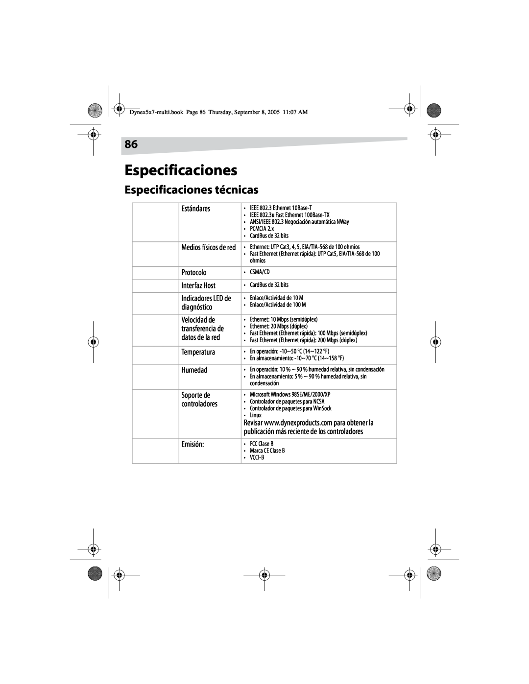 Dynex DX-E201 manual Especificaciones técnicas 