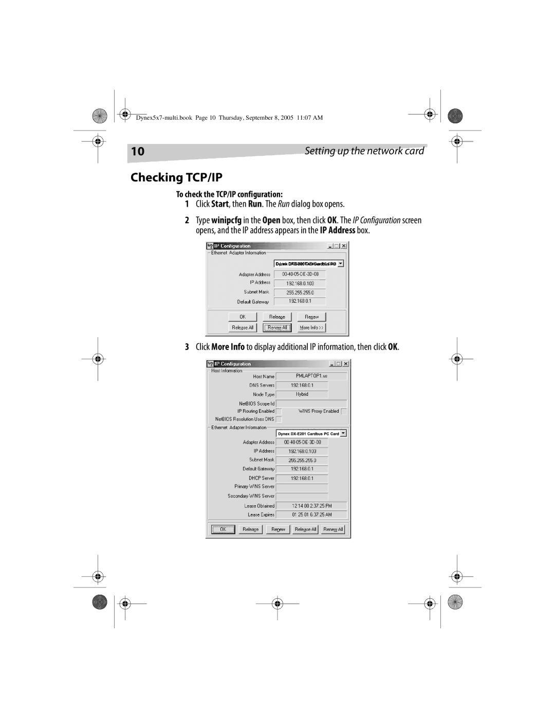 Dynex DX-E201 manual Checking TCP/IP, Click Start, then Run. The Run dialog box opens, To check the TCP/IP configuration 