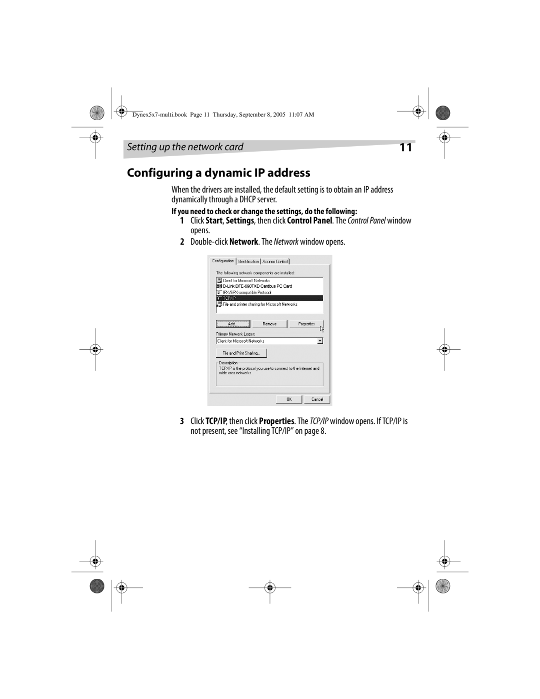 Dynex DX-E201 manual Configuring a dynamic IP address, Double-click Network. The Network window opens 