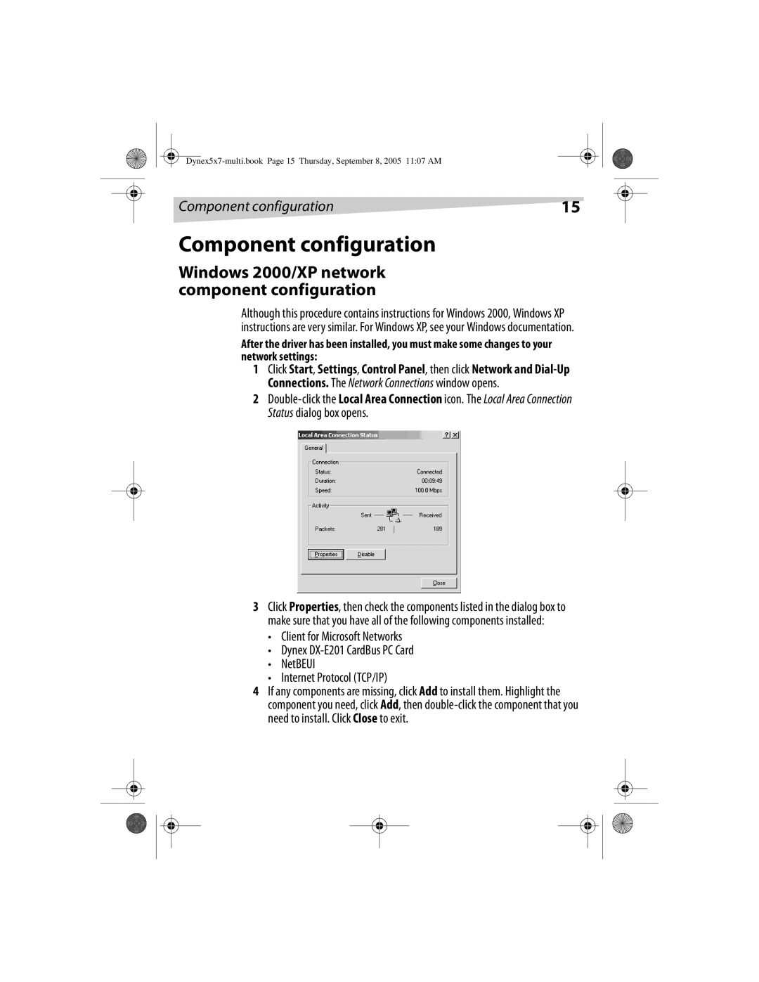 Dynex DX-E201 manual Component configuration, Windows 2000/XP network component configuration 