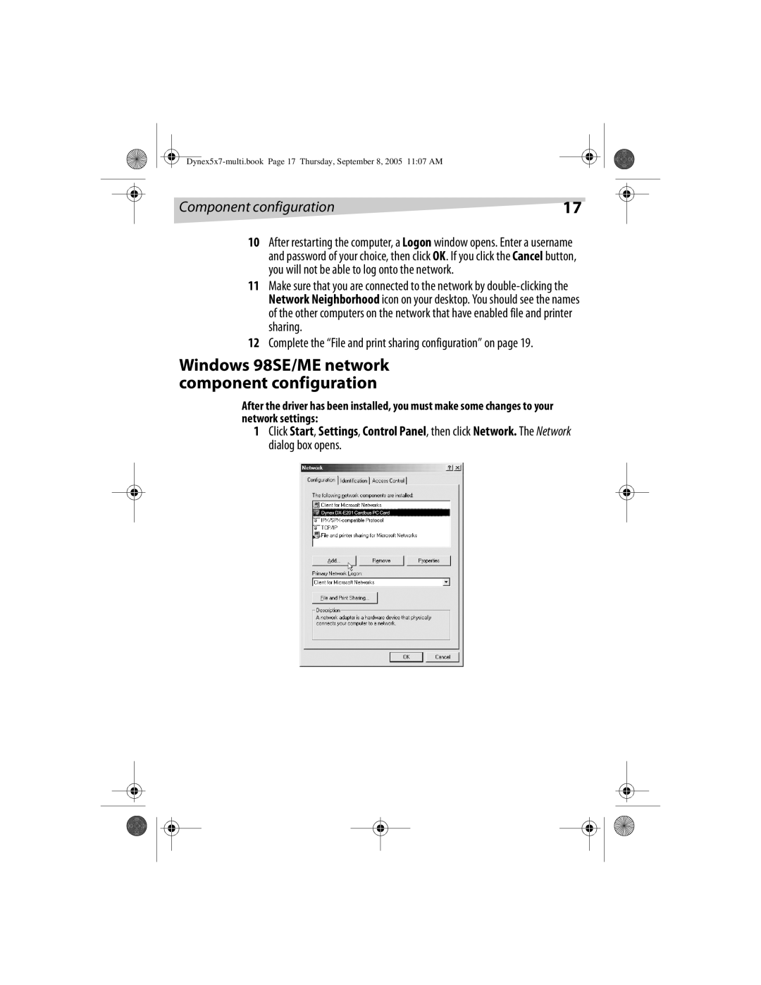 Dynex DX-E201 manual Windows 98SE/ME network component configuration, Complete the File and print sharing configuration on 